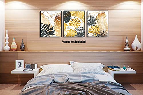 Black and Gold Leaf Canvas Print Wall Art,Unframe Tropical Monstera Palm Leaves Poster Wall Décor ,Modern Art Plants Leaf Picture Oil Painting Wall Mural for Living Room Bedroom Office-16"x20"x3