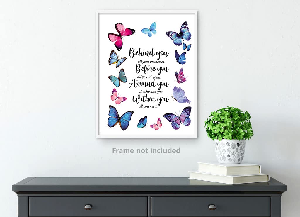 Butterfly Inspirational Quotes Wall Art Prints, Behind You All Your Memories Poster, Gtizry Graduation Gifts for Daughter, Birthday Inspirational Gifts for Women Girls Friends. Set 1 8x10in,No Fram