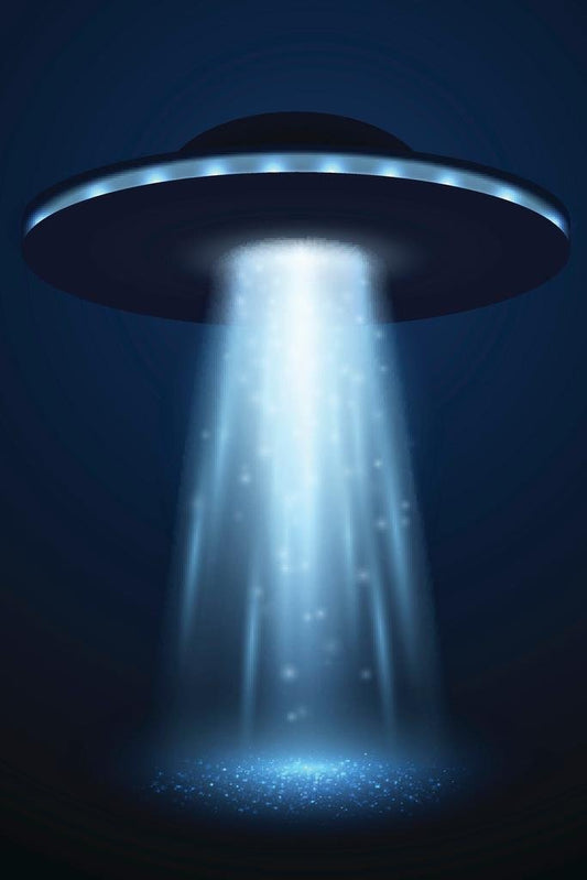 Alien UFO Spaceship with Light Beam Moody Photo Poster Abduction Blue Background Fantasy Scifi Thick Paper Sign Print Picture 8x12