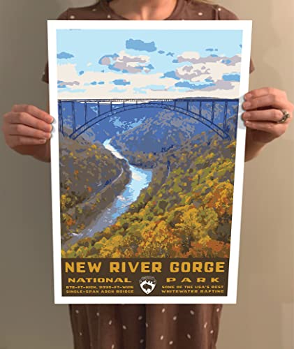 New River Gorge National Park Vintage-Style Travel Poster - 8x10-12x18-18x24-24x36 / 4x6 Postcard WPA Style West Virginia Art Print Gorge Bridge (4x6 Inch Postcard)