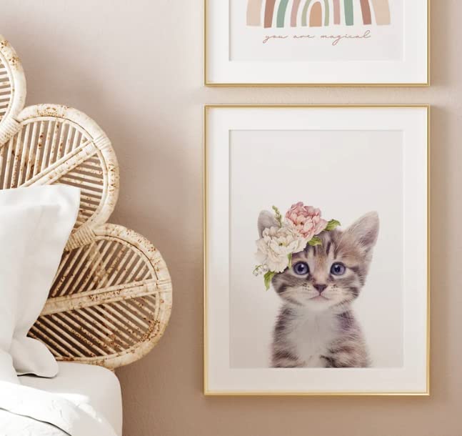 ShopHaven Kitten Nursery Wall Art ~ Baby Cat Print ~ Girls Bedroom Decor ~ Kitten with Floral Crown - Baby Animal Wall Art - 11x14 Poster Print - Unframed