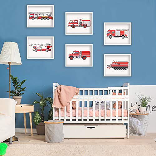 Fancymall 8x10in Nursery Fire Truck UNFRAMED Wall Art Decor Set of 6 Prints Boy Girl Kids Firetruck Prints Fire Engine Transportation Wall Art Posters for Boy Toddler Bedroom Ambulance Rescue
