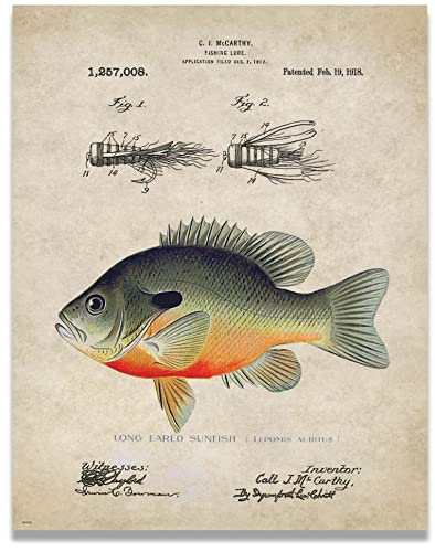 Antique Fly Fishing Lure US Patent Poster Art Print Bluegill Largemouth Bass Walleye Muskie Lures Poles 11x14 Wall Decor Pictures