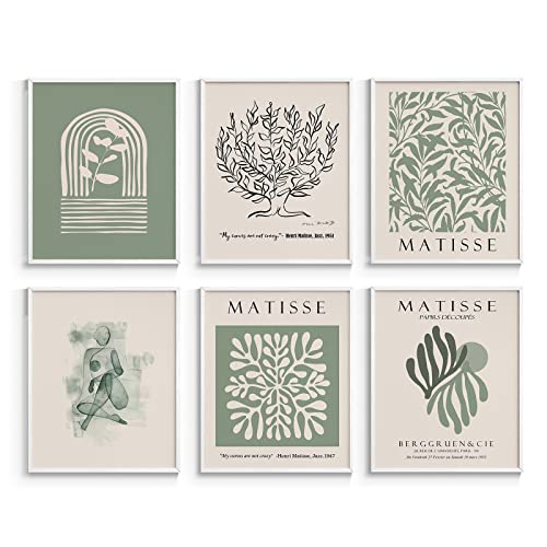 ARPEOTCY Matisse Wall Art Prints, Sage Green Retro Art Posters, Abstract Master Prints for Bedroom Wall Decor Aesthetic, Set of 6, 8x10in, Unframed