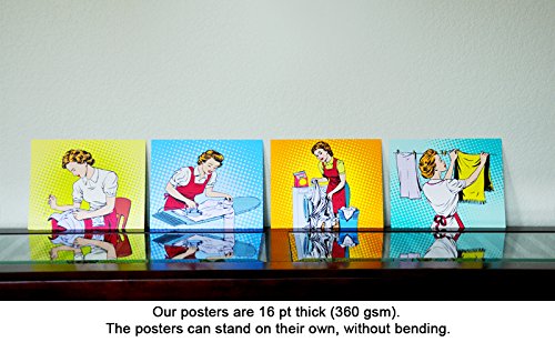 8x10 RETRO POP ART style wall decor posters. Set of 4 UNFRAMED housewife theme poster prints. Made in USA.