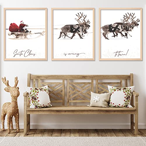 AnyDesign 3Pcs Christmas Wall Art Prints 11x14in Santa Claus Reindeer with Sleigh Art Poster Decor Large Aesthetic Xmas Posters Room Decor for Gallery Living Room Bathroom Wall Decor(UNFRAMED)