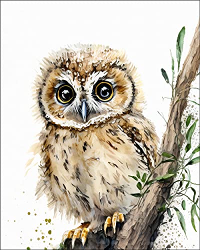 7Dots Art. Baby Animals with a Tree. Watercolor Art Print, Poster 8"x10" on Fine Art Thick Watercolor (Aquarelle) Paper. Unframed. (Baby owl 1)