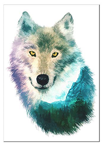 7Dots Art. Double exposition. Watercolor Art Print, poster 12"x10" (A4) on Fine Art thick Watercolor paper for living room, bedroom, bathroom. Wall art decor with Animals for boys, girls. (Wolf)