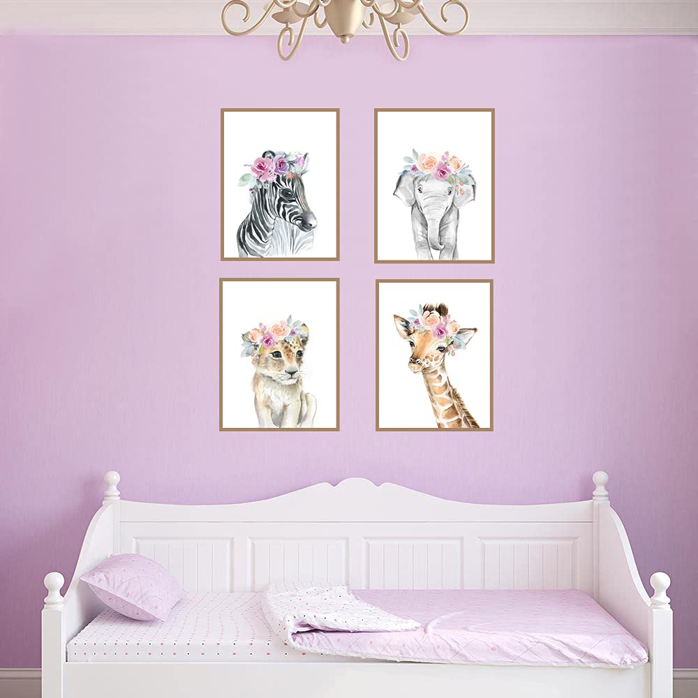 Baby Watercolor Animals Floral Wall Art Prints,8"x12" Tiger Elephant Zebra Giraffe With Wreath On Head Woodland Safari Animals Posters Pictures For Kids Rooms Nursery Decor Art (Set of 4,Unframed)