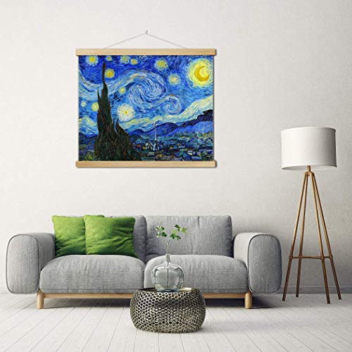 VanSP 8-32inch The Starry Night Wall Art Van Gogh Oil Painting Poster Frame Hanger-Giclee Canvas Prints with Wooden Scroll Home Deco 11x8in(27x20cm)