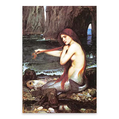 ZZPT John William Waterhouse Prints - Mermaid Canvas Wall Art - Oil Painting Poster Cool Wall Decor for Girls Room Bedroom Home Decor Unframed (12x18in/30x45cm)