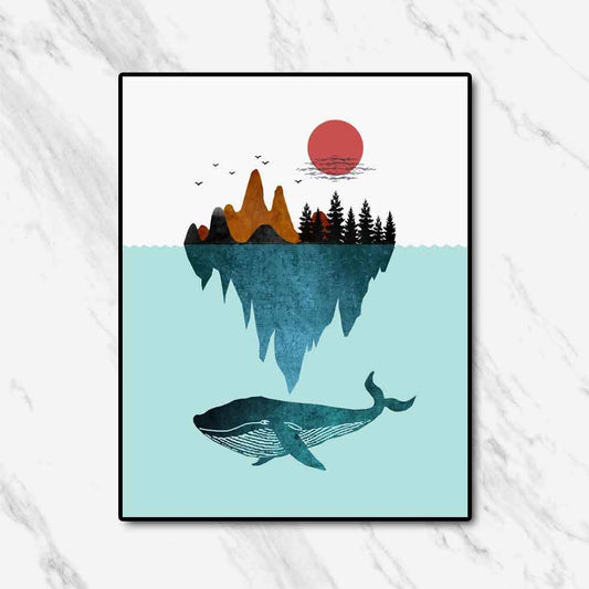 Abstract Nature Inspiration Ocean Art Print Sea Blue Whale Mountain Sun Watercolor Whale Wall Art Forest Decor Poster Unique Gift 8X10 IN Unframed