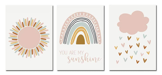 Nordic Morandi Color Rainbow Sun Cloud Nursery Art Print,Boho Wall Art,You are My Sunshine Quotes Canvas Poster for Kids Room Living Room Decor (8x12inchx3 Unframed)