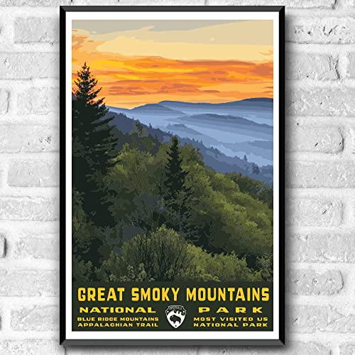 Great Smoky Mountains National Park Vintage-Style Travel Poster - 8x10-12x18-18x24-24x36 / 4x6 Postcard WPA Style Tennessee North Carolina USA Art Print (4x6 Inch Postcard)