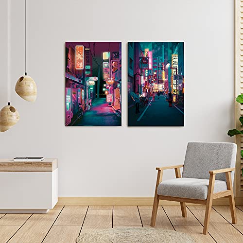 Japan Art Poster Set of 2 - Japanese Print Artwork on Canvas Roll - Tokyo Anime Wall Art Picture Gift - Preppy Night City Wall Decor Poster for Room Aesthetic Bedroom Kitchen Living UNFRAMED 11x14