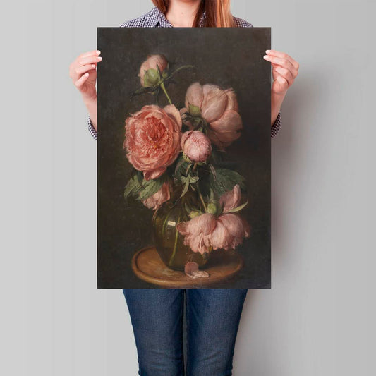 Vintage Peony Oil Painting Famous Art Botanical Flower Canvas Wall Art Floral Aesthetic Poster Retro Mid Century Modern Gallery Prints Dark Academia Wall Decor For Bedroom Living Room 12x16in Unframed