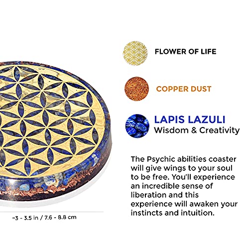 Orgonite Crystal Water Charging Plate with Lapis Lazuli Healing Crystals and Flower of Life –Chakra Healing Orgone Water Plate for Spiritual Protection and Cleansing (90mm)