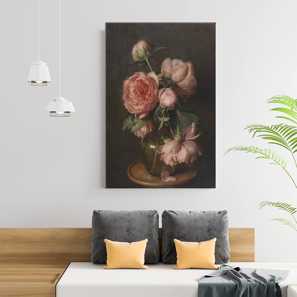 Vintage Peony Oil Painting Famous Art Botanical Flower Canvas Wall Art Floral Aesthetic Poster Retro Mid Century Modern Gallery Prints Dark Academia Wall Decor For Bedroom Living Room 12x16in Unframed