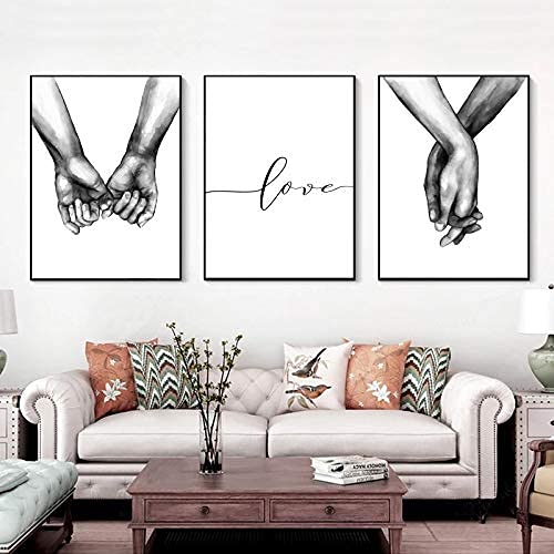 12"x16" Love and Hand in Hand Wall Art Canvas Print Poster, Black and White Sketch Art Line Drawing Decor Simplism Drawing Wall Art For Bedroom Living Room and Home Decor (Unframed)