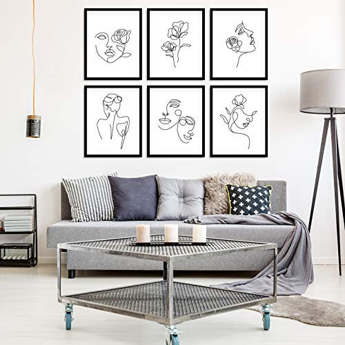 Whaline 6 Pack Minimalist Line Art Prints 8 x 10 Inch Abstract Single Line Wall Art Poster Waterproof Black White Female Face Flower Aesthetic Drawing Paintings for Bedroom Living Room College Dorm