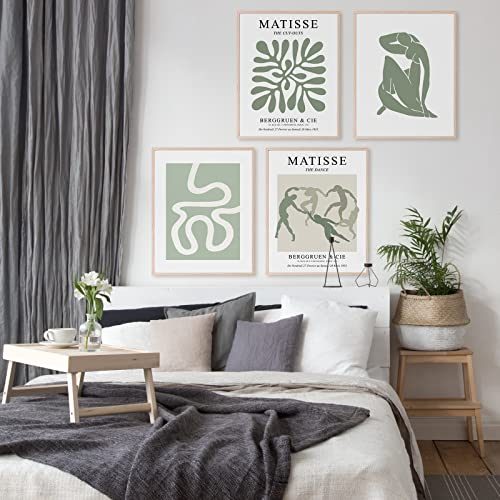 Whaline 8Pcs Wall Art Matisse Prints Henri Matisse Sage Green Minimalist Posters for Living Room Office Aesthetic Decor with 32Pcs Glue Points 8 x 10, Unframed