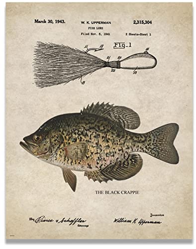 Antique Fly Fishing Lure US Patent Poster Art Print Crappie Trout Largemouth Bass Walleye Muskie Lures Poles 11x14 Wall Decor Pictures