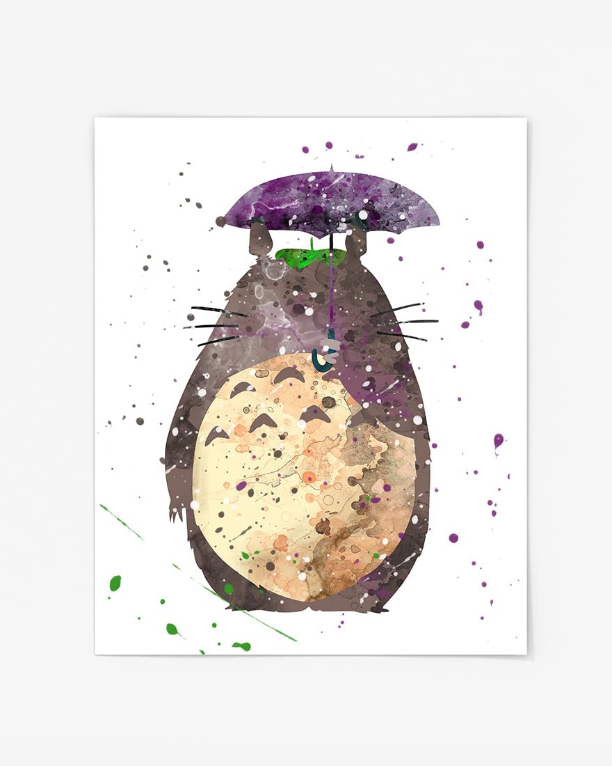 Totoro with Umbrella Prints, Anime Watercolor, Nursery Wall Poster, Holiday Gift, Kids and Children Artworks, Digital Illustration Art