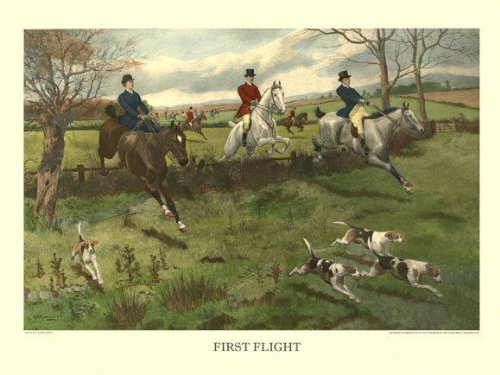 Heritage Posters First Flight Lady Horseback Bay Horse Fox Hunting Scene with Hounds 12" X 16" Image Size Old Engraving Repro on Matte Paper