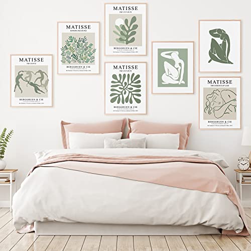 Whaline 8Pcs Wall Art Matisse Prints Henri Matisse Sage Green Minimalist Posters for Living Room Office Aesthetic Decor with 32Pcs Glue Points 8 x 10, Unframed