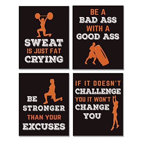 Sports Art Print,Inspirational Fitness Quote Wall Art Print,Motivational Workout Bodybuilding Phrases Art Painting , Set of 4 Art Posters（8 " x10 " ）Gym Training Sport Poster For Gym Home Decor