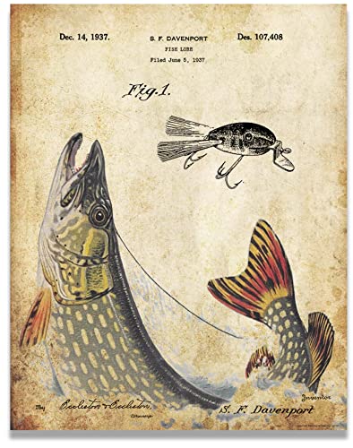 Apple Creek Antique Fly Fishing Lure US Patent Poster Art Print Northern Pike Bass Walleye Muskie Lures Poles 11x14 Wall Decor Pictures