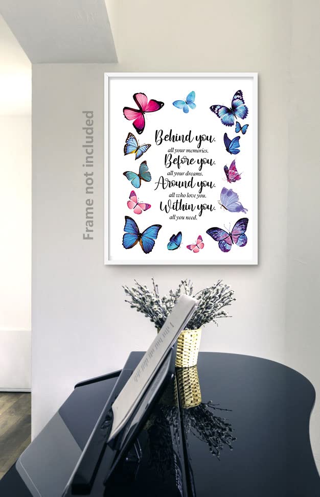 Butterfly Inspirational Quotes Wall Art Prints, Behind You All Your Memories Poster, Gtizry Graduation Gifts for Daughter, Birthday Inspirational Gifts for Women Girls Friends. Set 1 8x10in,No Fram