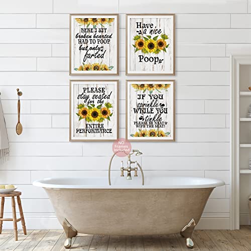 Funny Bathroom Wall Art Print Sunflower Painting Print Humorous Quotes Poster, Bathroom Wall Decor, Bathroom Quotes, Signs & Rules Decor, Great Gift for Bathroom Decor (Set of 4, 8 x 10 Unframed)