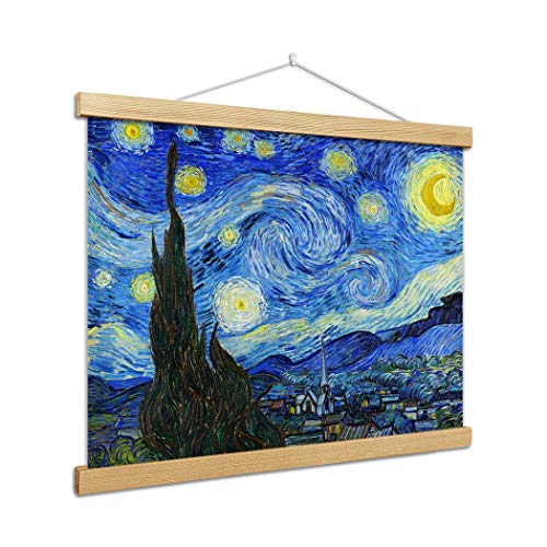 VanSP 8-32inch The Starry Night Wall Art Van Gogh Oil Painting Poster Frame Hanger-Giclee Canvas Prints with Wooden Scroll Home Deco 11x8in(27x20cm)