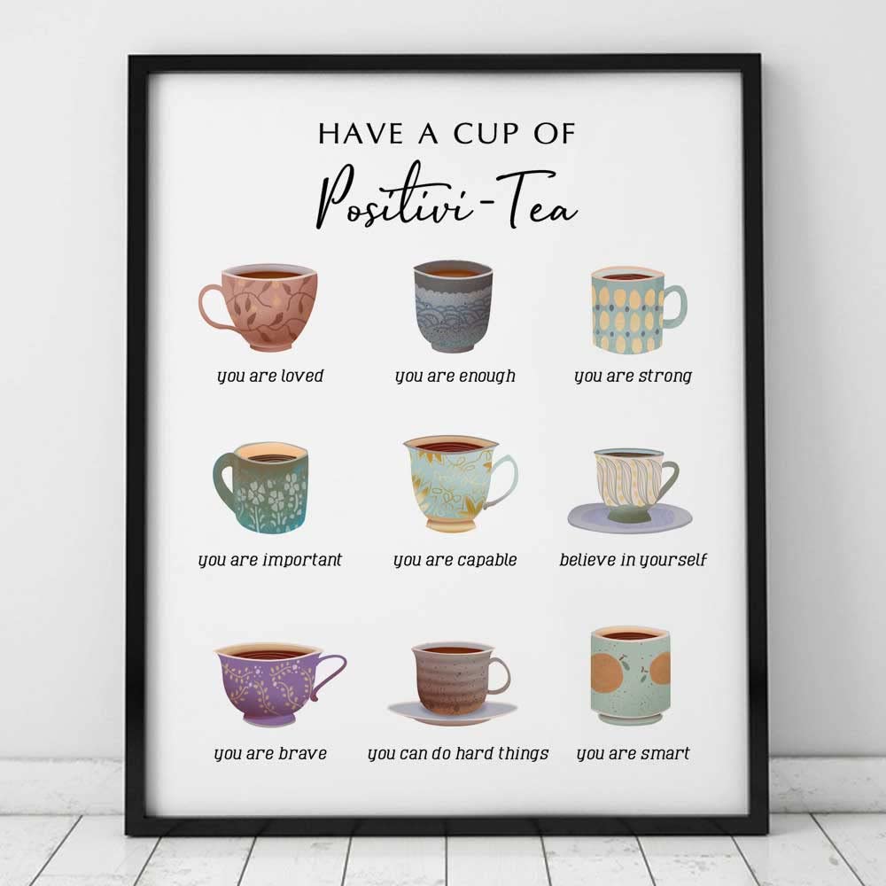 Have A Cup Of Positive-Tea, Self Affirmation Print, Therap Office Decor, Positive Self-talk, Mental Health Wall Art, School Counselor Decor, Office Poster, Unframed (8X10 INCH)