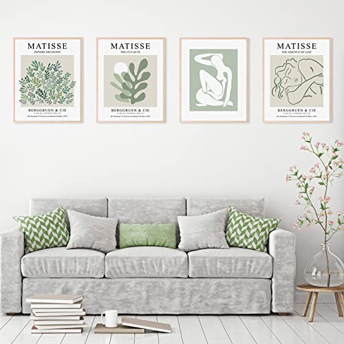 Whaline 8Pcs Wall Art Matisse Prints Henri Matisse Sage Green Minimalist Posters for Living Room Office Aesthetic Decor with 32Pcs Glue Points 8 x 10, Unframed