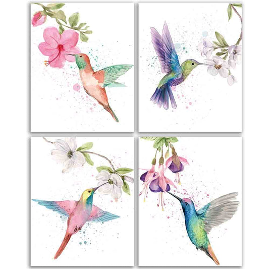 Colorful Birds Flower Branch Plants Art print, Set of 4(8"x10"), Watercolor Hummingbirds Flower Plants Illustration Wall Decor Art print, Hummingbird Nature Art Poster for Home Office, Unframed