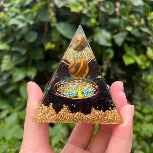 Orgone Pyramid for Positive Energy, Olivenorma Tiger Eye Sphere & Obsidian Protection Healing Crystal Gemstone Pyramid for Yoga Reiki Meditaion Blanacing Chakra