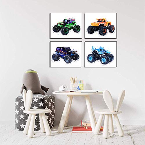 CPJY Cartoons Monster Truck Theme Wall Art Prints Set of 4 (8 inchesX10 inches Canvas Picture) Children Boys Birthday Gift Game Room Decor Art Painting Kids Nursery Wall Poster Home Decor Unframed