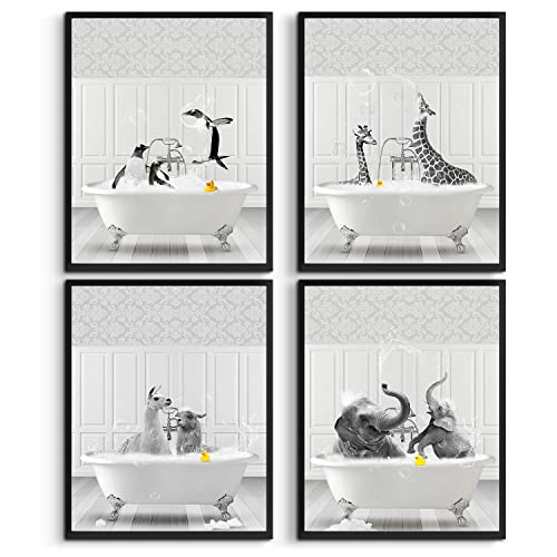 Funny Bathroom Decor Wall Art Black and White Animals Photo Pictures Happy Alpacas Giraffes Penguins Elephants in Bathtub Posters Prints for Wall Decor Kids Bathroom Decor Unframed Set of 4, 8x10inch