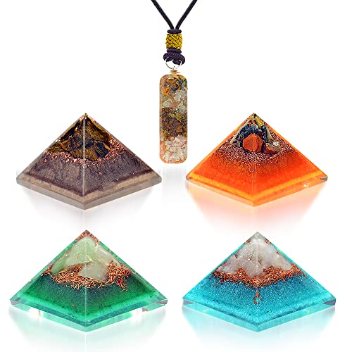 Orgonite Crystals Mental Wellness, Good Luck, Prosperity Set: Portable Mini Pyramids of Maligano Jasper, Green Aventurine, Bronzite, Blue Calcite for self-Esteem, Abundance & Positivity