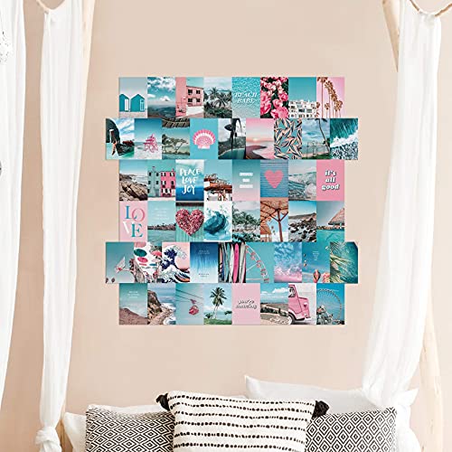 Artivo Blue Wall Collage Kit Aesthetic Pictures, 50 Set 4x6 inch, Pink VSCO Bedroom Decor for Teen Girls, Summer Beach Wall Art Print, Dorm Photo Collection, Small Posters for Room