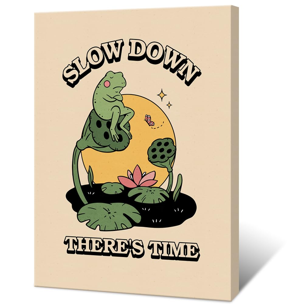 NAVIWEEK Vintage Frog Posters Wall Art Prints,SLOW DOWN THERE S TIME Cute Frog Wall Art Decor,Frog Decor for Bedroom,lotus Creativity Wall Canvas Prints 12x16 in Unframed