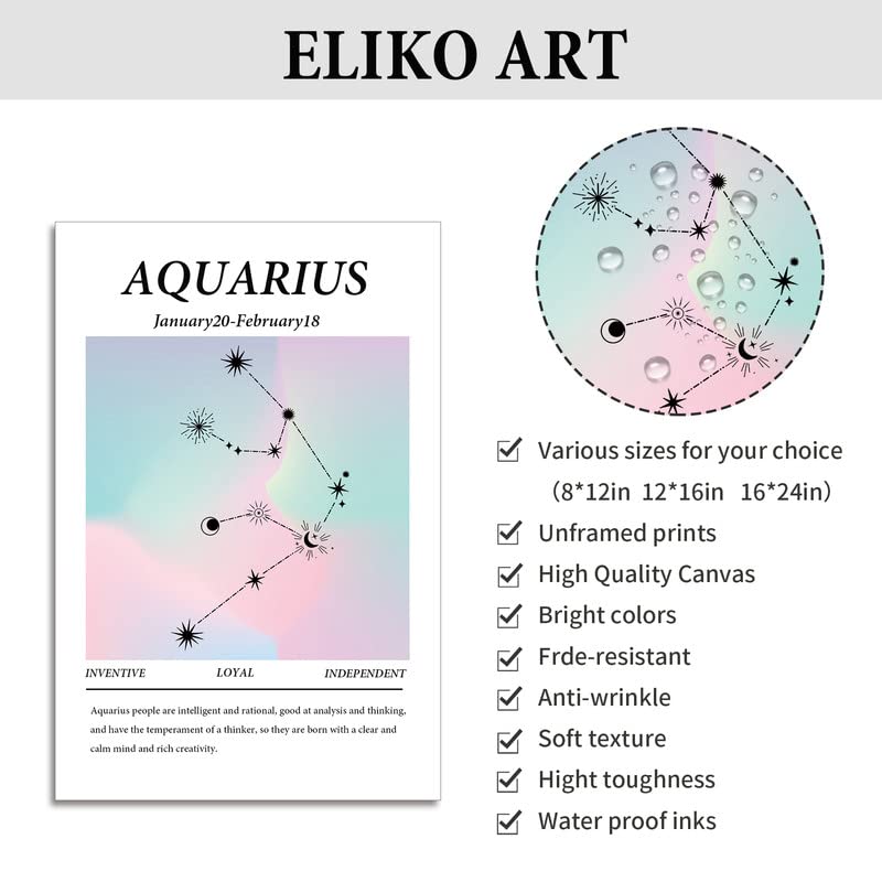 Aquarius Canvas Posters,Astrology Wall Decor Room Aesthetic Canvas Prints,Zodiac Gifts,Twelve Constellations Handmade Prints,Birthday Gift for Best Friend Romantic Gift 8x12inch Unframed