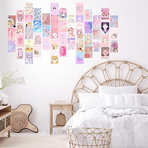 L1rabe 50Pcs Kawai Anime Aesthetic Picture Wall Collage Kit Pink Cartoon Assembled Print Card Set, School Dorm Photo Poster Display Trendy Style, Sweet Girls Room Decor Cute Collage Kit New Year Gifts