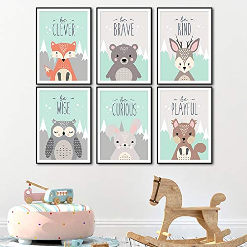 ANIUHL Woodland Animals Wall Art Canvas Print Poster Deer Owl Rabbit Fox Bear Inspirational Quotes Art Decor for Living Room Bedroom Nursery Office(Set of 6 Unframed, 8x10 inches)