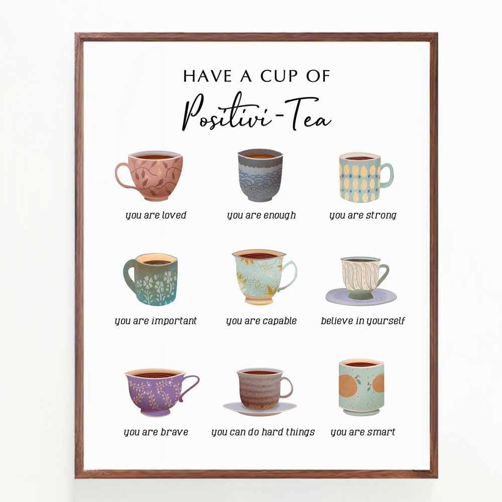 Have A Cup Of Positive-Tea, Self Affirmation Print, Therap Office Decor, Positive Self-talk, Mental Health Wall Art, School Counselor Decor, Office Poster, Unframed (8X10 INCH)