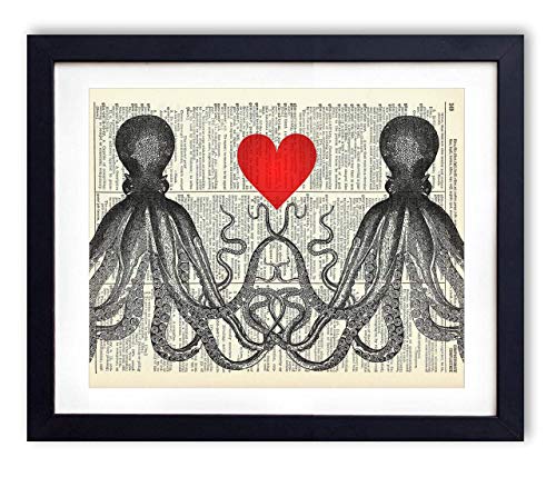 Octopus Love Vintage Dictionary Art Print, Antique Wall Art Home Decor, Modern Boho Poster, Farmhouse Decoration Living Room Bedroom Office 8x10 Inches, Ready To Frame