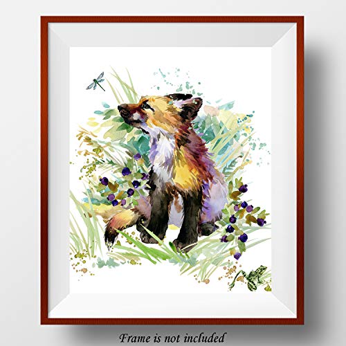 7Dots Art. Cute Baby Animals. Watercolor Art Print, Poster 8"x10" on Fine Art Thick Watercolor (Aquarelle) Paper for Children's Room, Bedroom, playroom, Bathroom. (Fox cub)