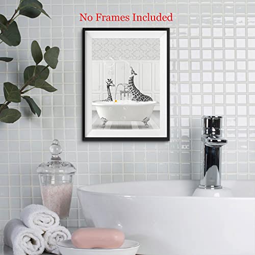 Funny Bathroom Decor Wall Art Black and White Animals Photo Pictures Happy Alpacas Giraffes Penguins Elephants in Bathtub Posters Prints for Wall Decor Kids Bathroom Decor Unframed Set of 4, 8x10inch